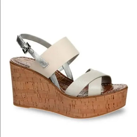 Sam Edelman Destiny Platform Fall Preppy Chic Leather Wedge Sandal White Silver - Picture 1 of 13